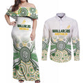Australia Rugby Custom Couples Matching Off Shoulder Maxi Dress and Long Sleeve Button Shirt 2025 Wallaroos Indigenous Art - Aussie Hoodie