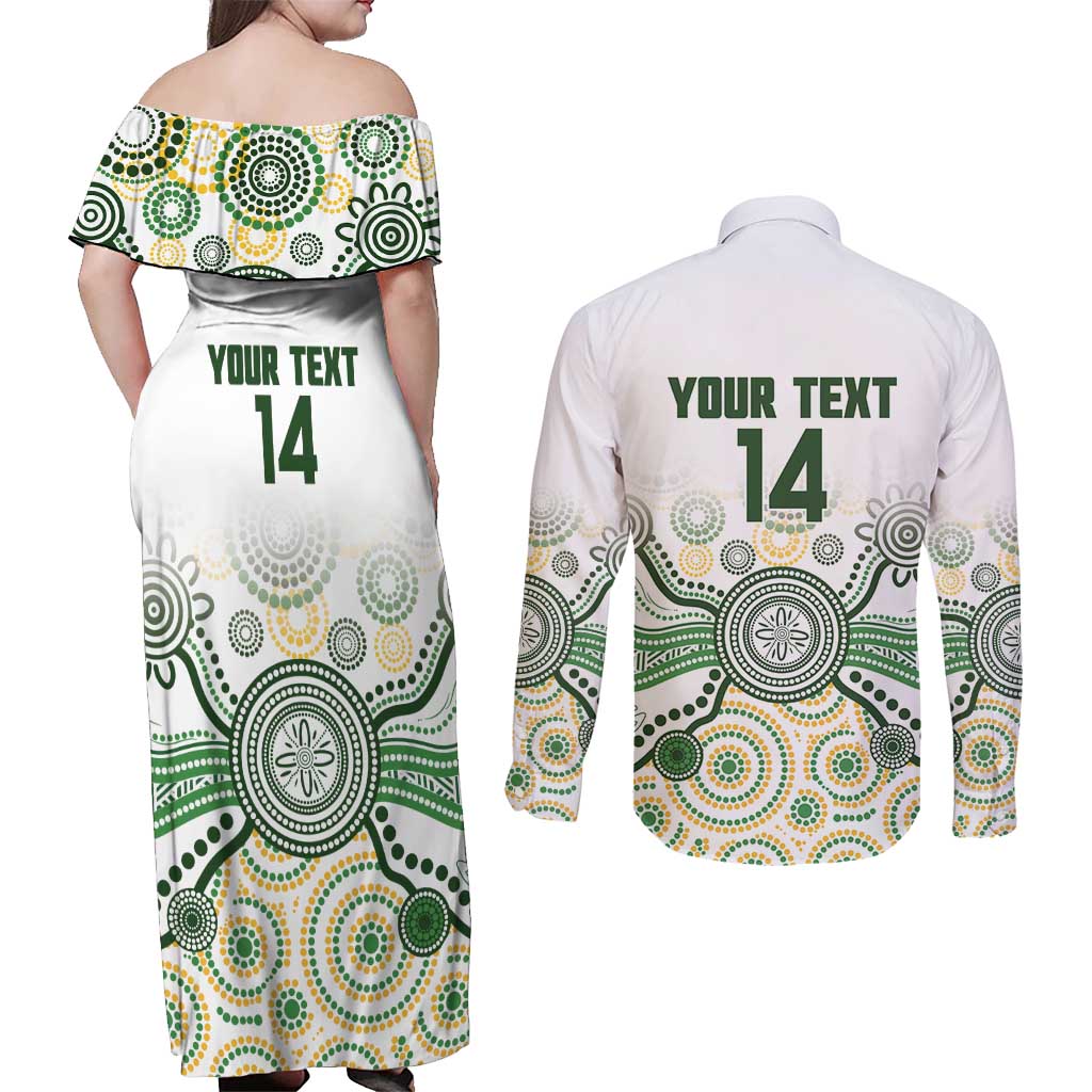 Australia Rugby Custom Couples Matching Off Shoulder Maxi Dress and Long Sleeve Button Shirt 2025 Wallaroos Indigenous Art - Aussie Hoodie