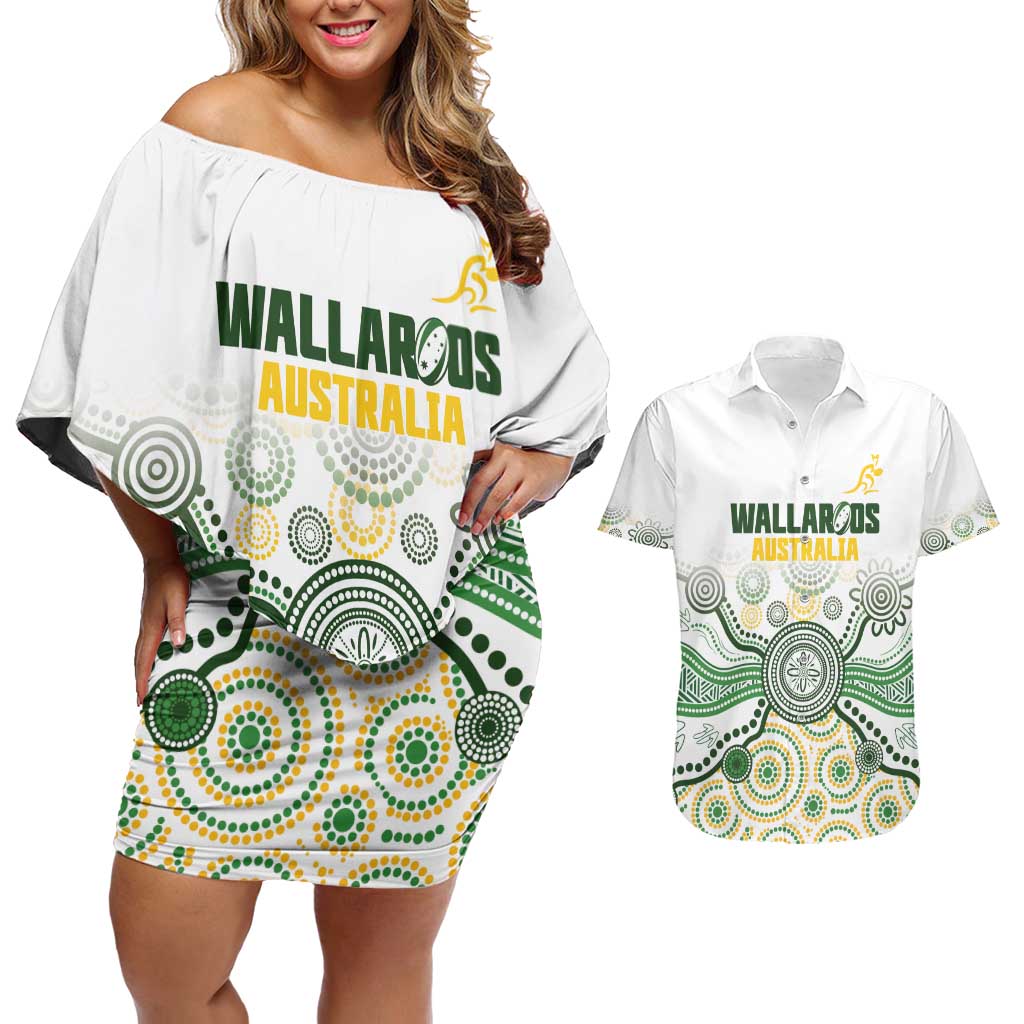 Australia Rugby Custom Couples Matching Off Shoulder Short Dress and Hawaiian Shirt 2025 Wallaroos Indigenous Art - Aussie Hoodie