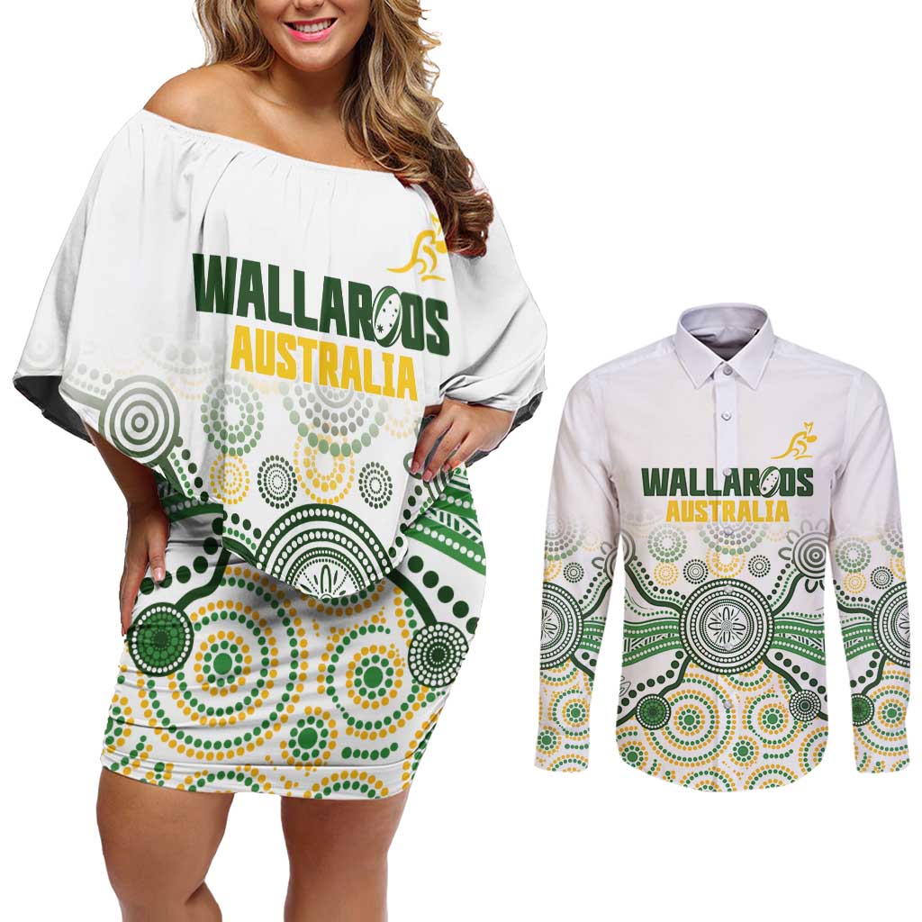 Australia Rugby Custom Couples Matching Off Shoulder Short Dress and Long Sleeve Button Shirt 2025 Wallaroos Indigenous Art - Aussie Hoodie
