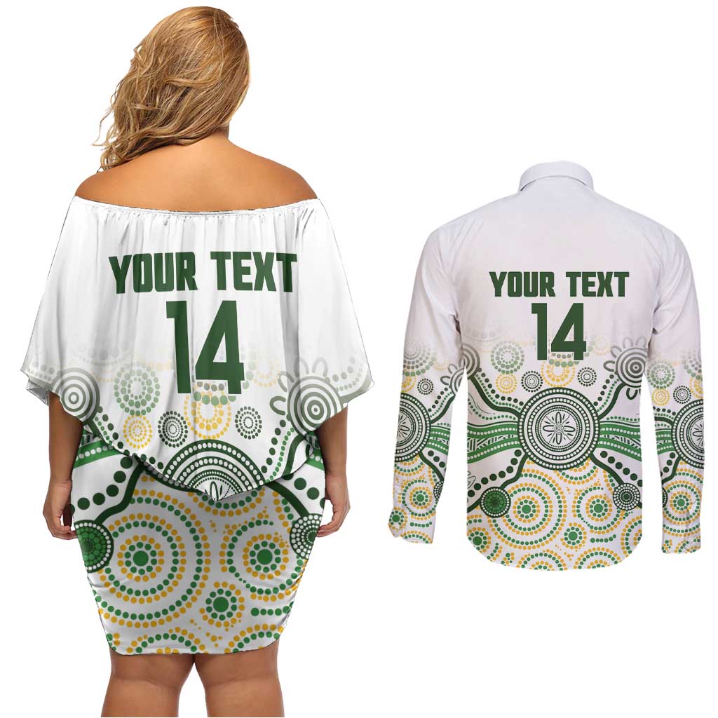 Australia Rugby Custom Couples Matching Off Shoulder Short Dress and Long Sleeve Button Shirt 2025 Wallaroos Indigenous Art - Aussie Hoodie