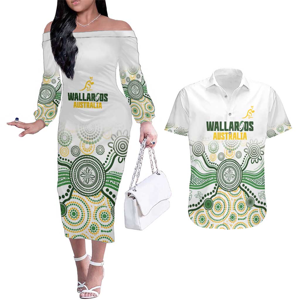 Australia Rugby Custom Couples Matching Off The Shoulder Long Sleeve Dress and Hawaiian Shirt 2025 Wallaroos Indigenous Art - Aussie Hoodie