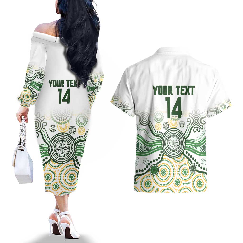 Australia Rugby Custom Couples Matching Off The Shoulder Long Sleeve Dress and Hawaiian Shirt 2025 Wallaroos Indigenous Art - Aussie Hoodie