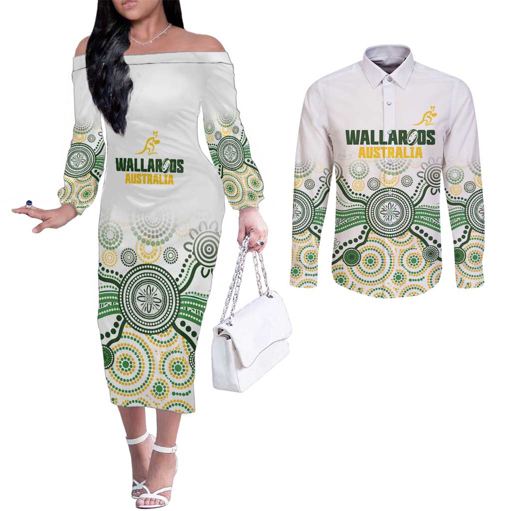 Australia Rugby Custom Couples Matching Off The Shoulder Long Sleeve Dress and Long Sleeve Button Shirt 2025 Wallaroos Indigenous Art - Aussie Hoodie