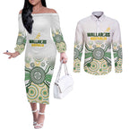 Australia Rugby Custom Couples Matching Off The Shoulder Long Sleeve Dress and Long Sleeve Button Shirt 2025 Wallaroos Indigenous Art - Aussie Hoodie