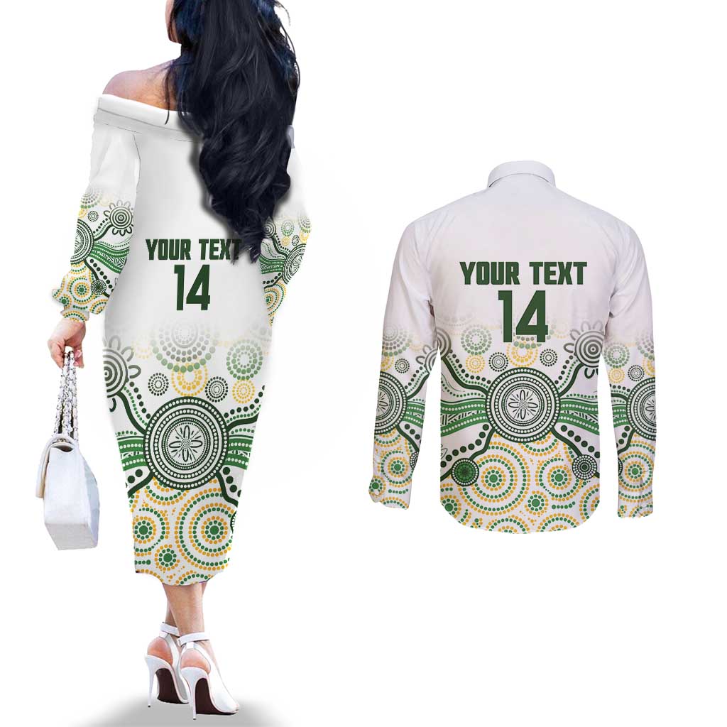 Australia Rugby Custom Couples Matching Off The Shoulder Long Sleeve Dress and Long Sleeve Button Shirt 2025 Wallaroos Indigenous Art - Aussie Hoodie