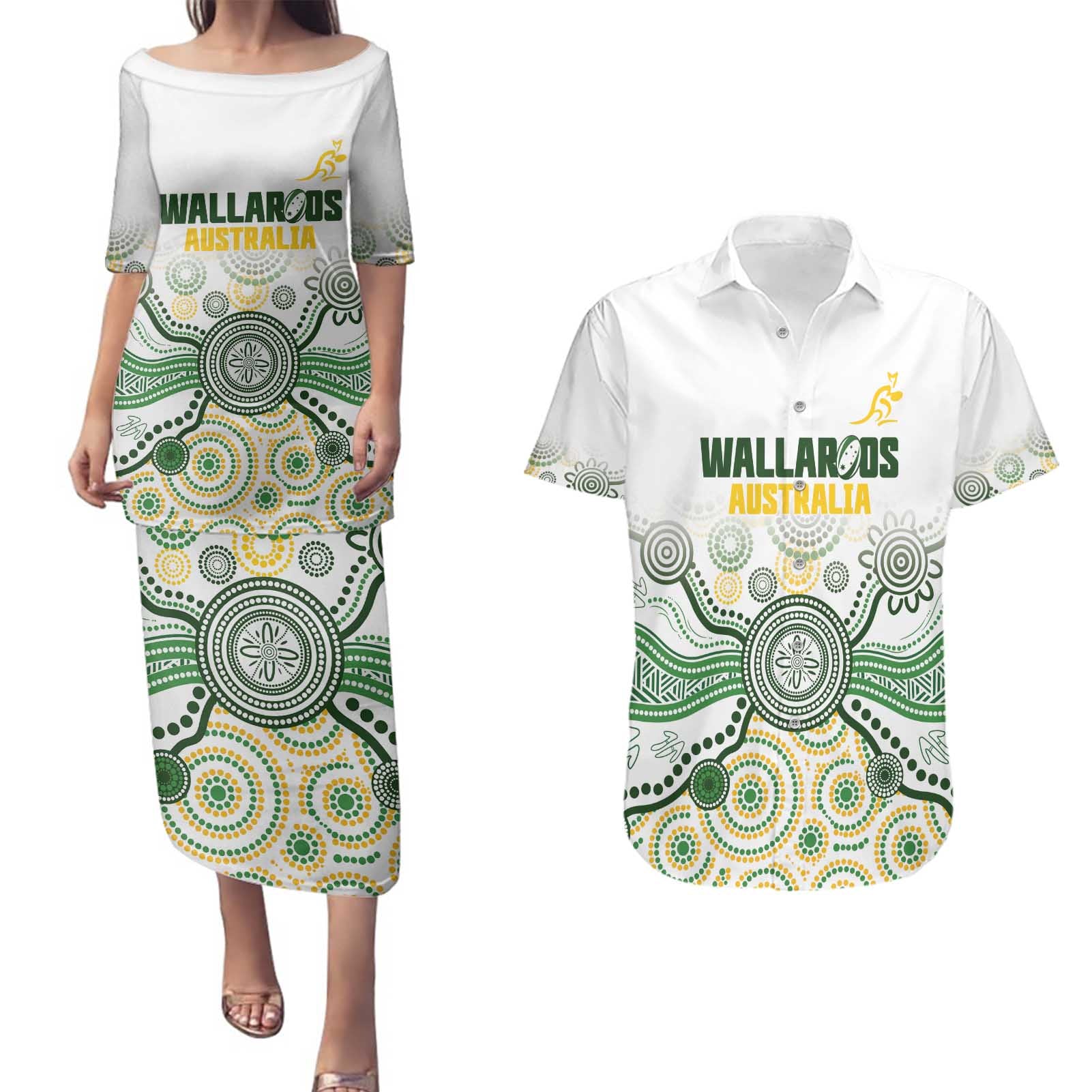 Australia Rugby Custom Couples Matching Puletasi and Hawaiian Shirt 2025 Wallaroos Indigenous Art - Aussie Hoodie