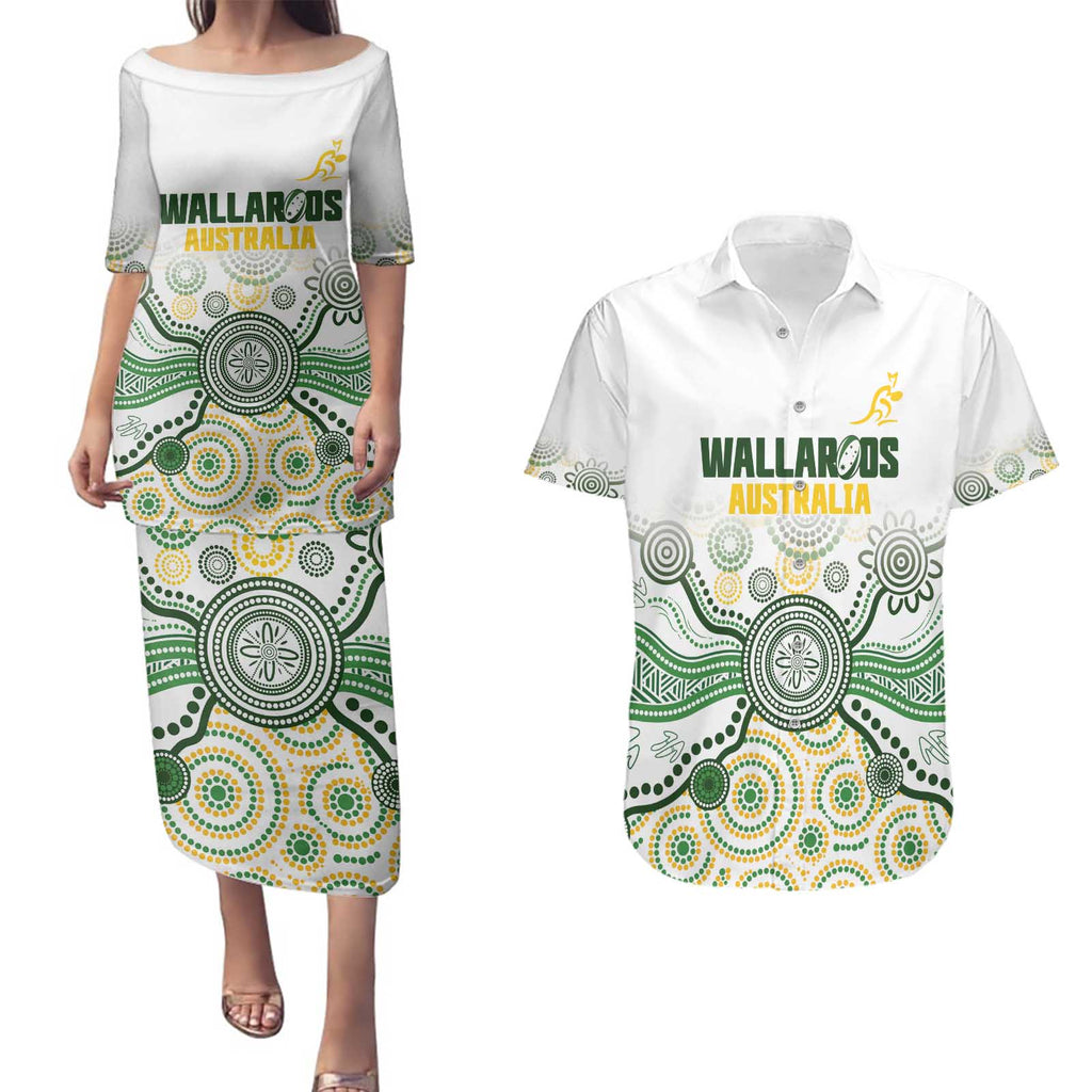 Australia Rugby Custom Couples Matching Puletasi and Hawaiian Shirt 2025 Wallaroos Indigenous Art - Aussie Hoodie