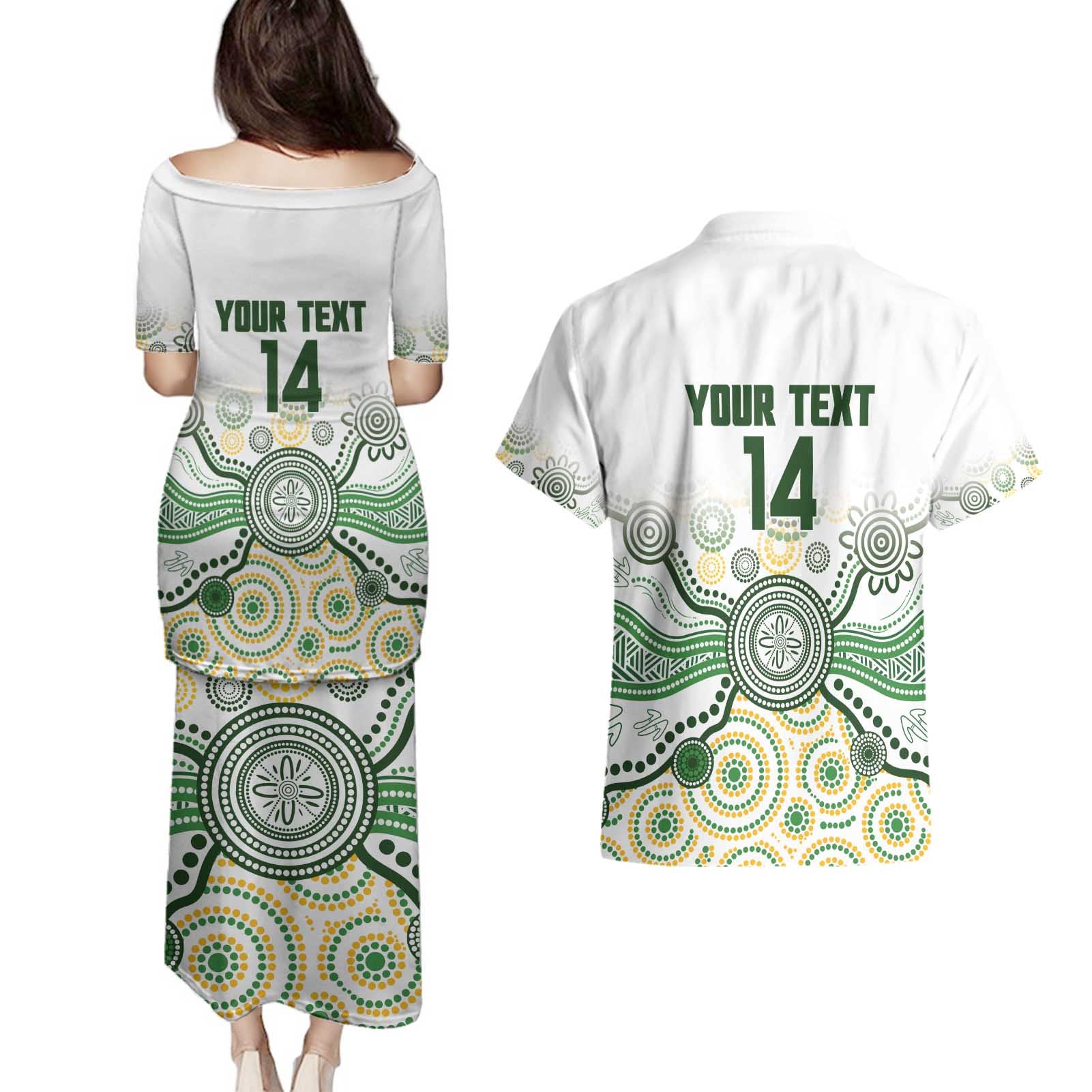 Australia Rugby Custom Couples Matching Puletasi and Hawaiian Shirt 2025 Wallaroos Indigenous Art - Aussie Hoodie