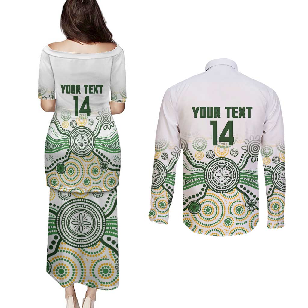Australia Rugby Custom Couples Matching Puletasi and Long Sleeve Button Shirt 2025 Wallaroos Indigenous Art - Aussie Hoodie