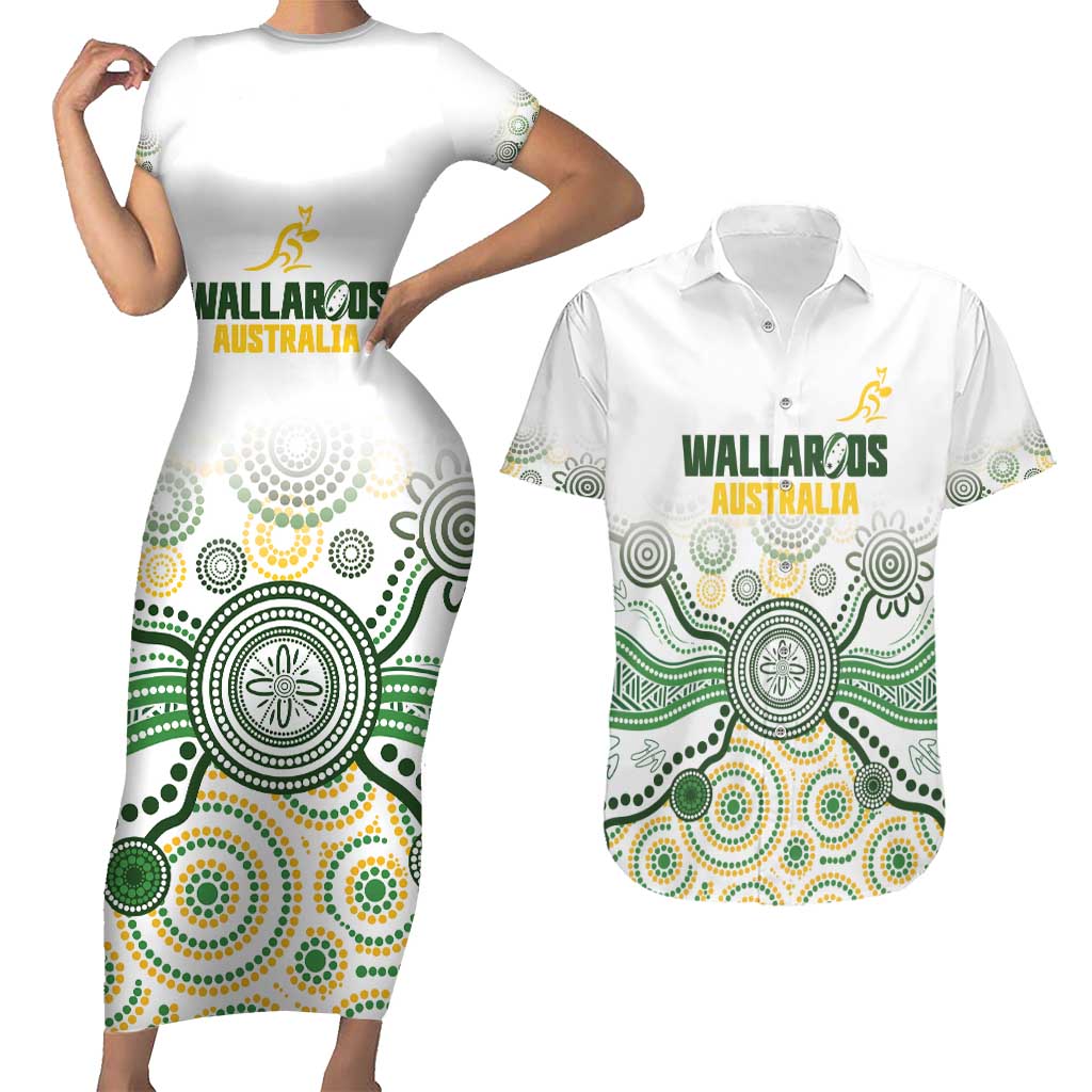 Australia Rugby Custom Couples Matching Short Sleeve Bodycon Dress and Hawaiian Shirt 2025 Wallaroos Indigenous Art - Aussie Hoodie