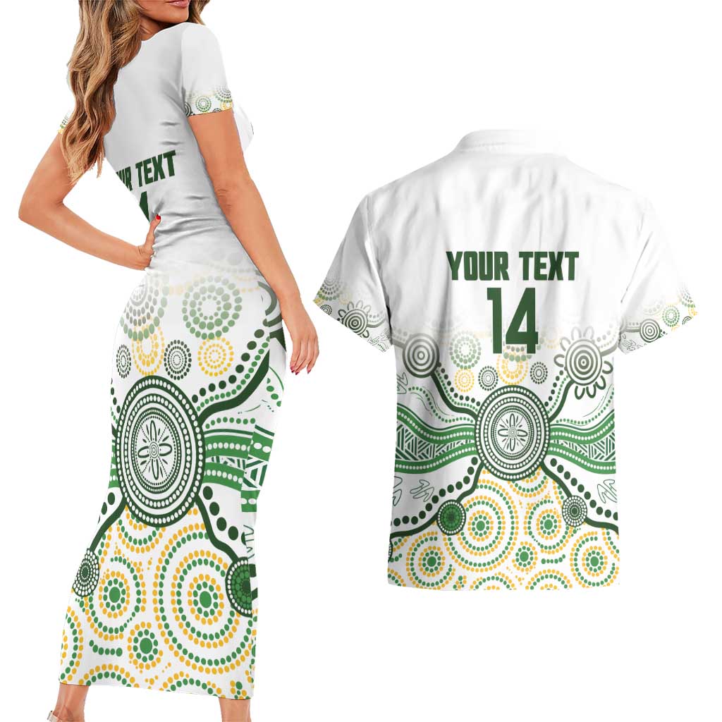 Australia Rugby Custom Couples Matching Short Sleeve Bodycon Dress and Hawaiian Shirt 2025 Wallaroos Indigenous Art - Aussie Hoodie
