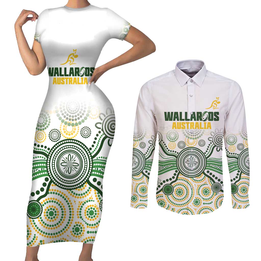 Australia Rugby Custom Couples Matching Short Sleeve Bodycon Dress and Long Sleeve Button Shirt 2025 Wallaroos Indigenous Art - Aussie Hoodie