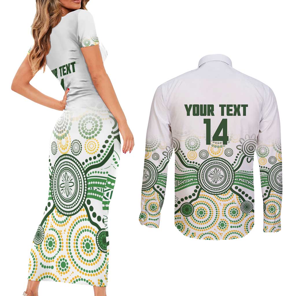 Australia Rugby Custom Couples Matching Short Sleeve Bodycon Dress and Long Sleeve Button Shirt 2025 Wallaroos Indigenous Art - Aussie Hoodie