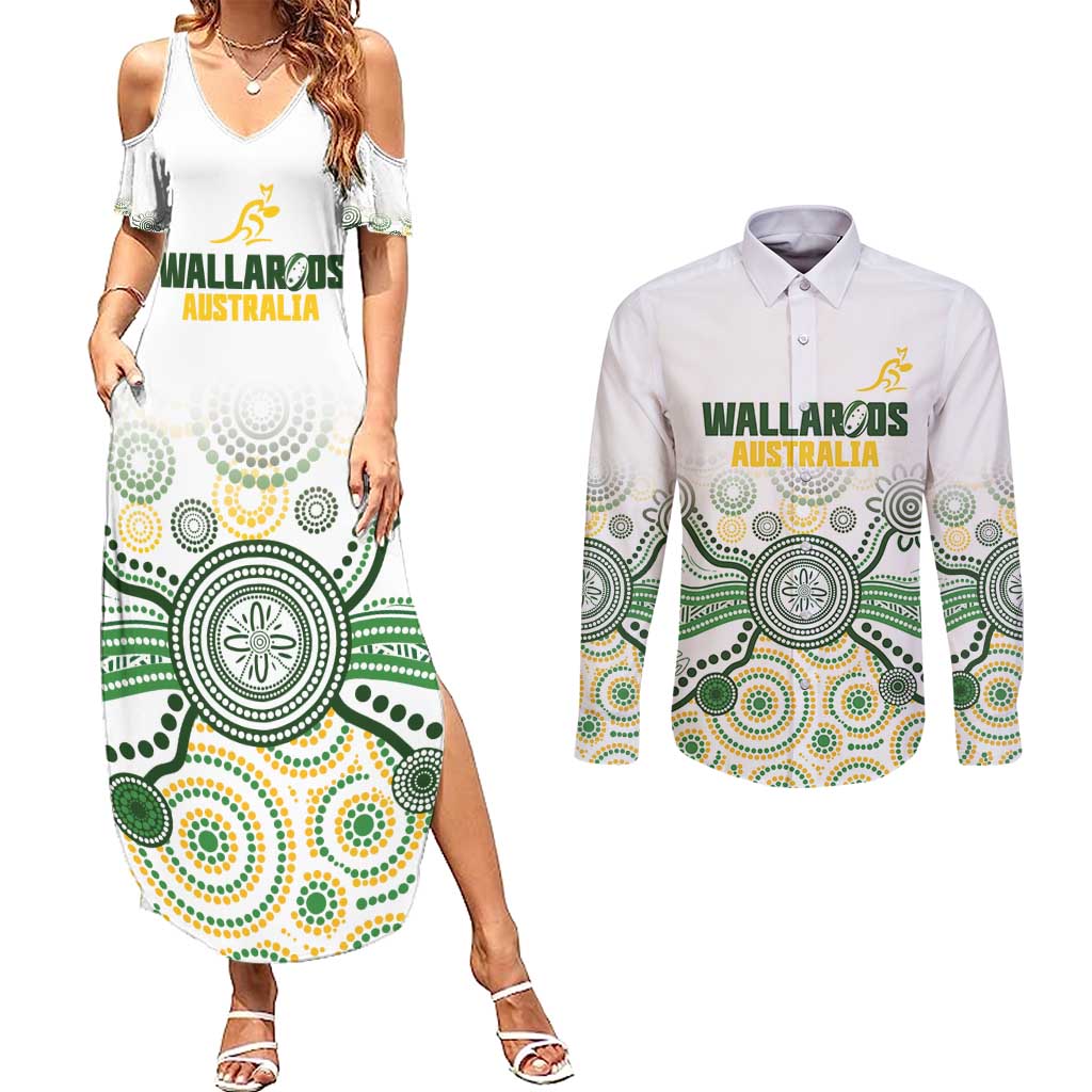 Australia Rugby Custom Couples Matching Summer Maxi Dress and Long Sleeve Button Shirt 2025 Wallaroos Indigenous Art - Aussie Hoodie