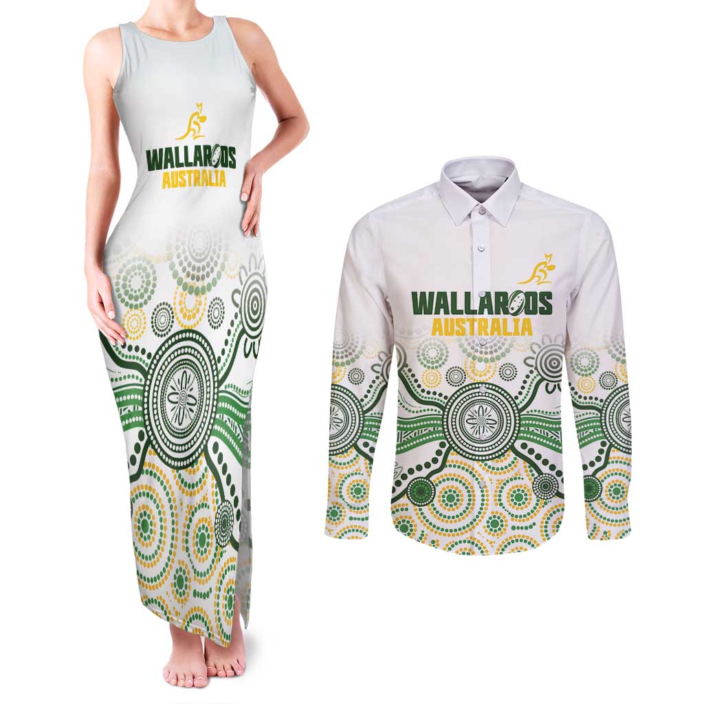 Australia Rugby Custom Couples Matching Tank Maxi Dress and Long Sleeve Button Shirt 2025 Wallaroos Indigenous Art - Aussie Hoodie