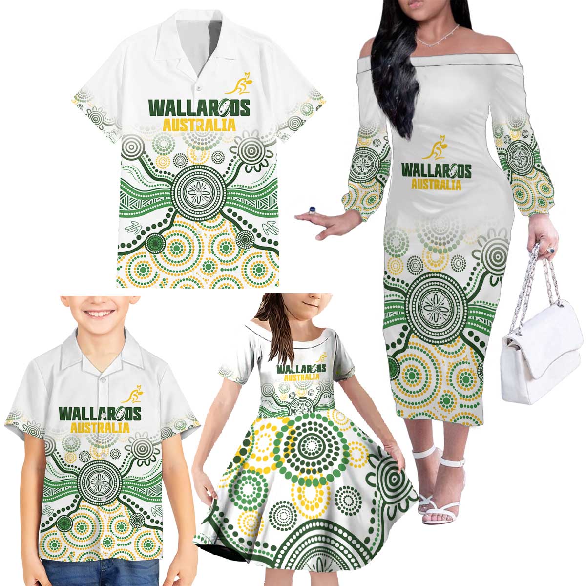 Australia Rugby Custom Family Matching Off The Shoulder Long Sleeve Dress and Hawaiian Shirt 2025 Wallaroos Indigenous Art - Aussie Hoodie