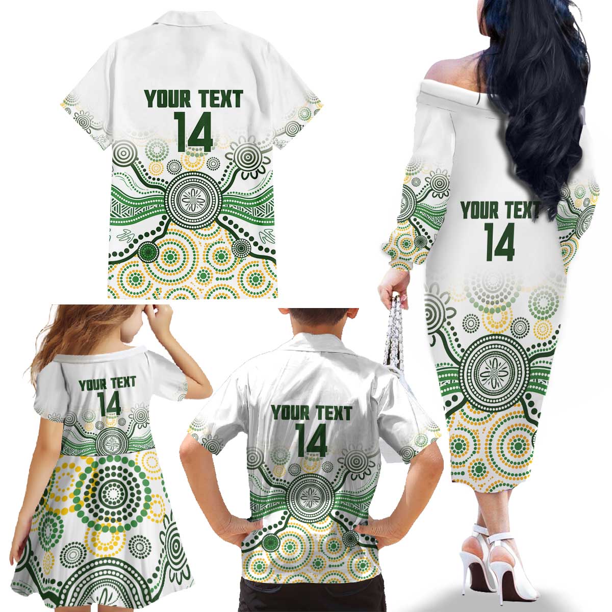Australia Rugby Custom Family Matching Off The Shoulder Long Sleeve Dress and Hawaiian Shirt 2025 Wallaroos Indigenous Art - Aussie Hoodie