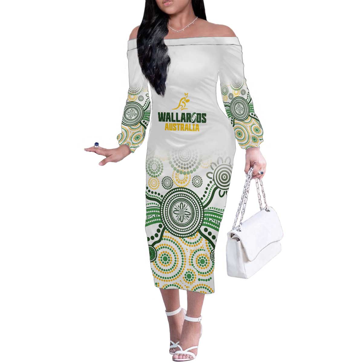 Australia Rugby Custom Family Matching Off The Shoulder Long Sleeve Dress and Hawaiian Shirt 2025 Wallaroos Indigenous Art - Aussie Hoodie