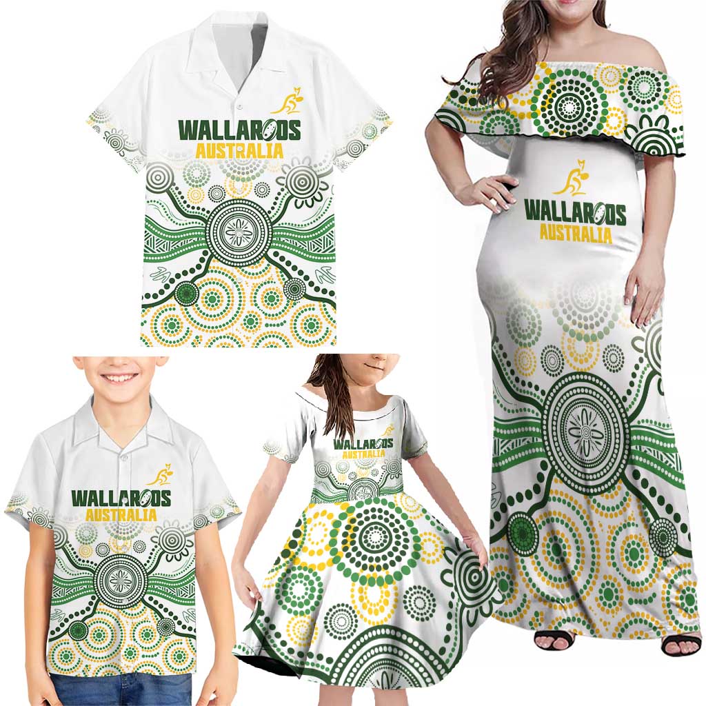 Australia Rugby Custom Family Matching Off Shoulder Maxi Dress and Hawaiian Shirt 2025 Wallaroos Indigenous Art - Aussie Hoodie