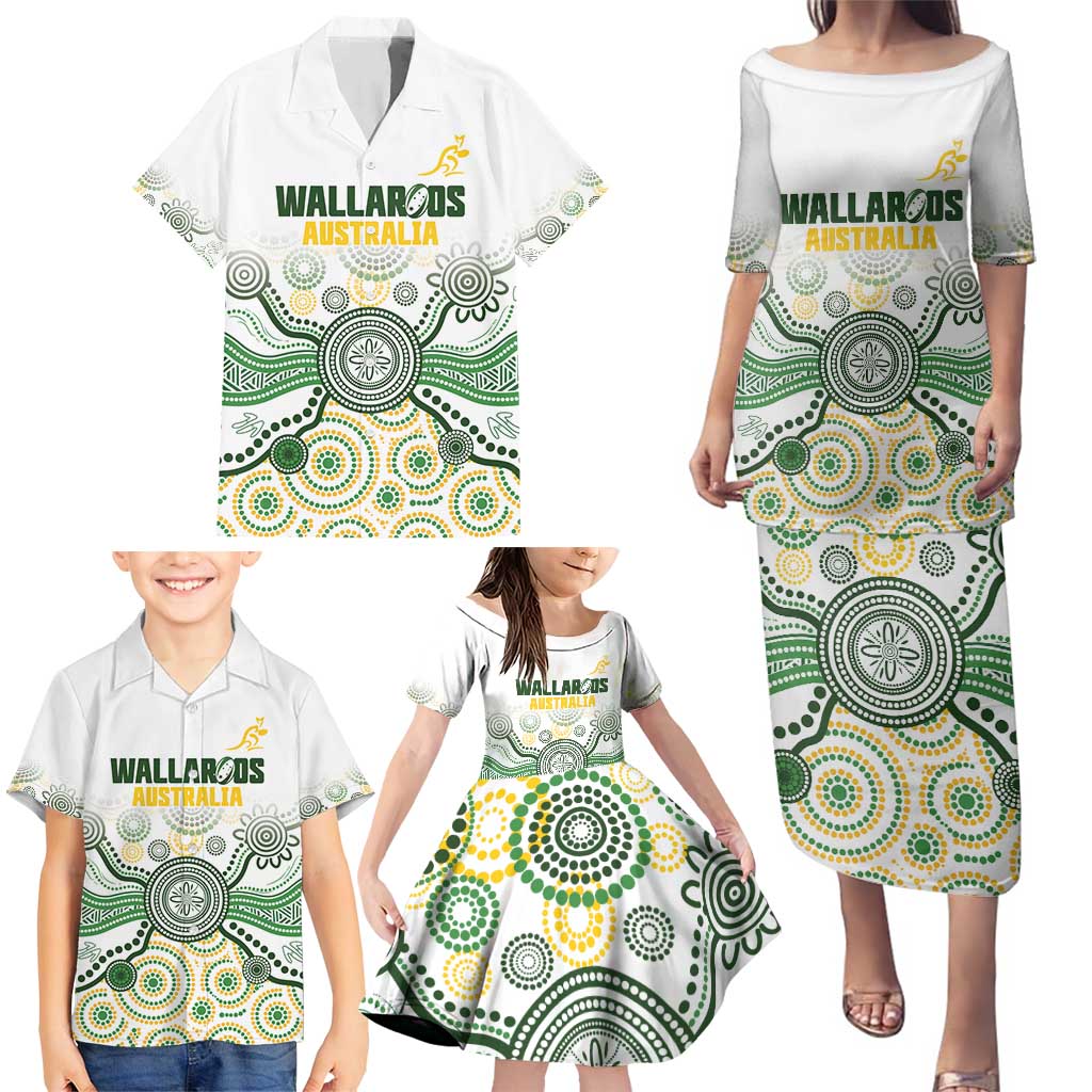 Australia Rugby Custom Family Matching Puletasi and Hawaiian Shirt 2025 Wallaroos Indigenous Art - Aussie Hoodie