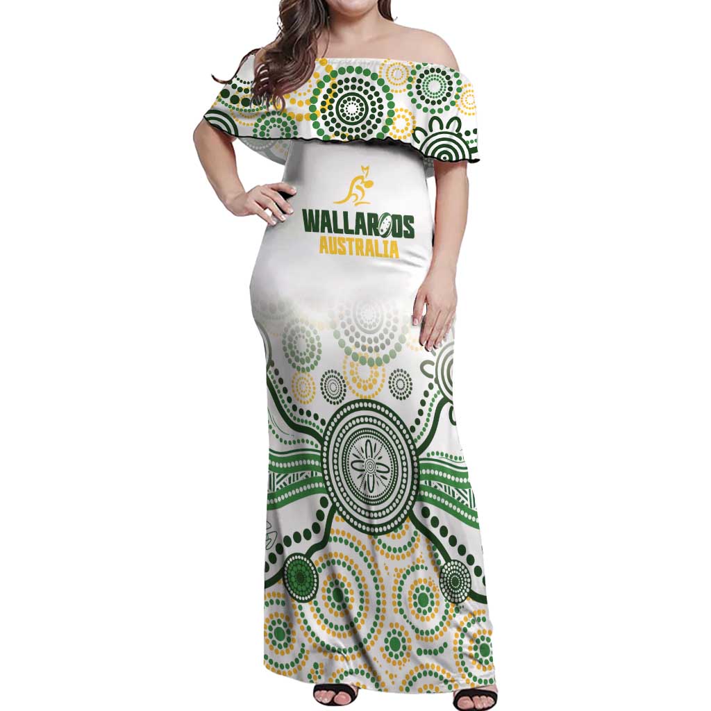 Australia Rugby Custom Off Shoulder Maxi Dress 2025 Wallaroos Indigenous Art - Aussie Hoodie