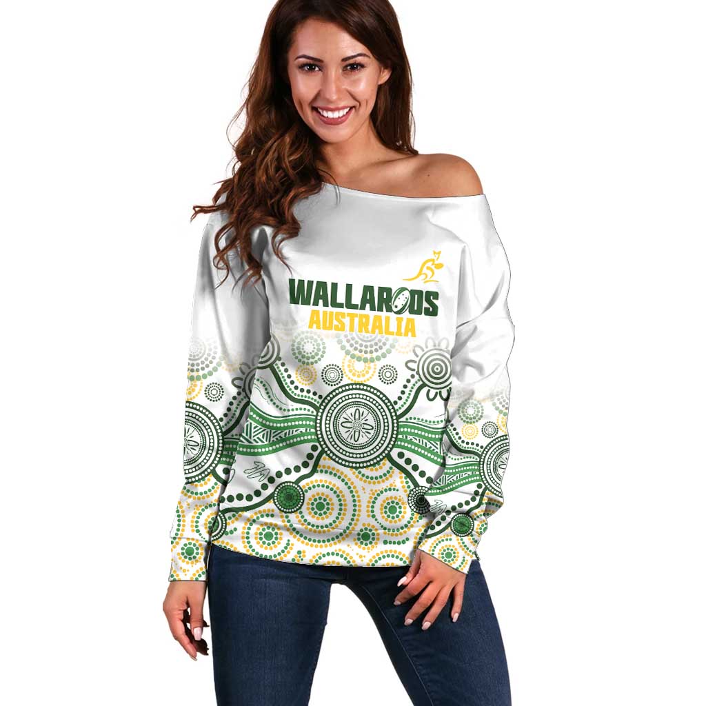 Australia Rugby Custom Off Shoulder Sweater 2025 Wallaroos Indigenous Art - Aussie Hoodie