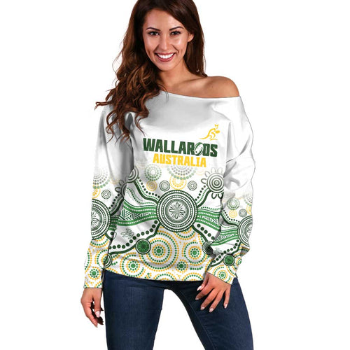 Australia Rugby Custom Off Shoulder Sweater 2025 Wallaroos Indigenous Art - Aussie Hoodie