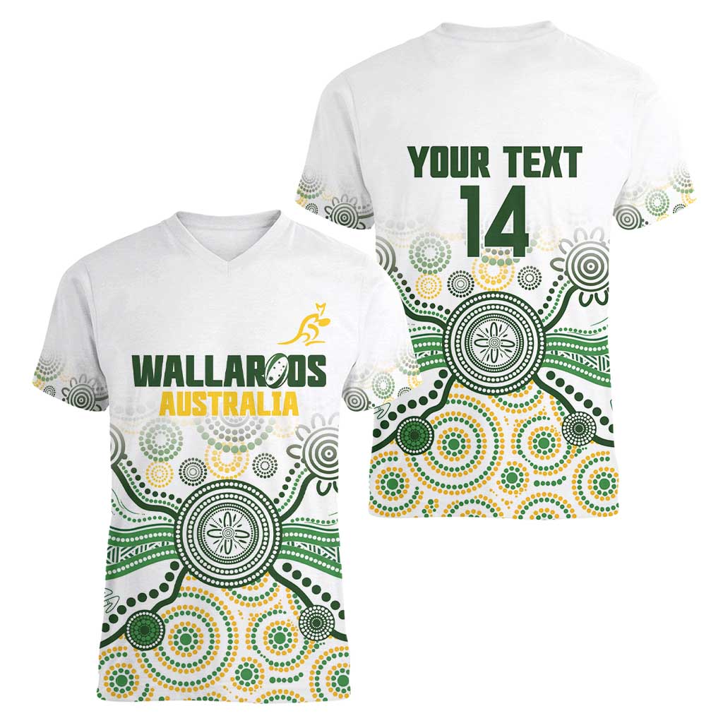 Australia Rugby Custom Women V-Neck T-Shirt 2025 Wallaroos Indigenous Art - Aussie Hoodie