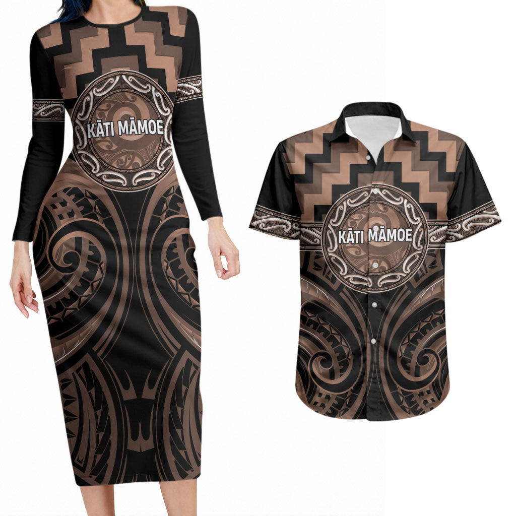 Aotearoa Kati Mamoe Personalised Couples Matching Long Sleeve Bodycon Dress and Hawaiian Shirt Maori Iwi Poutama Puhoro Tattoo