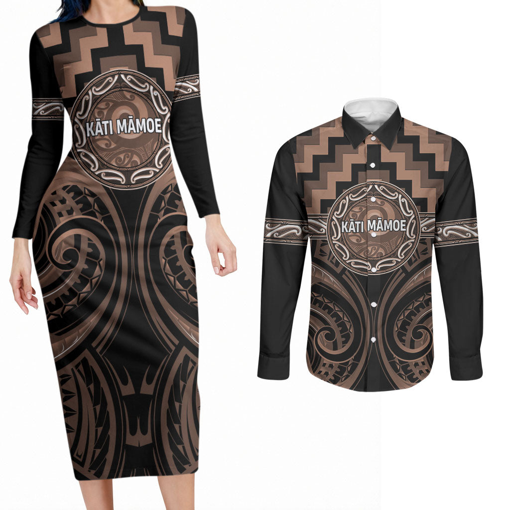 Aotearoa Kati Mamoe Personalised Couples Matching Long Sleeve Bodycon Dress and Long Sleeve Button Shirt Maori Iwi Poutama Puhoro Tattoo