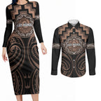 Aotearoa Kati Mamoe Personalised Couples Matching Long Sleeve Bodycon Dress and Long Sleeve Button Shirt Maori Iwi Poutama Puhoro Tattoo
