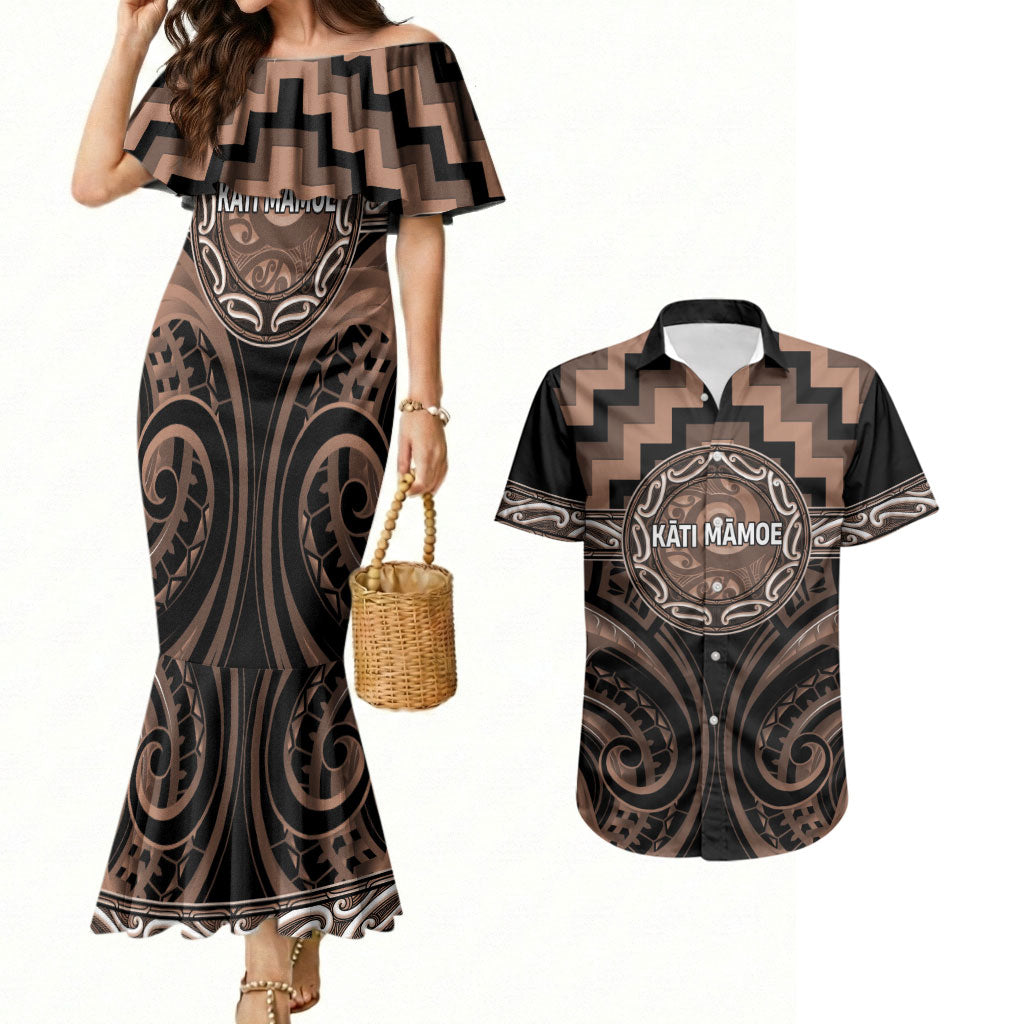 Aotearoa Kati Mamoe Personalised Couples Matching Mermaid Dress and Hawaiian Shirt Maori Iwi Poutama Puhoro Tattoo
