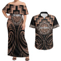 Aotearoa Kati Mamoe Personalised Couples Matching Off Shoulder Maxi Dress and Hawaiian Shirt Maori Iwi Poutama Puhoro Tattoo