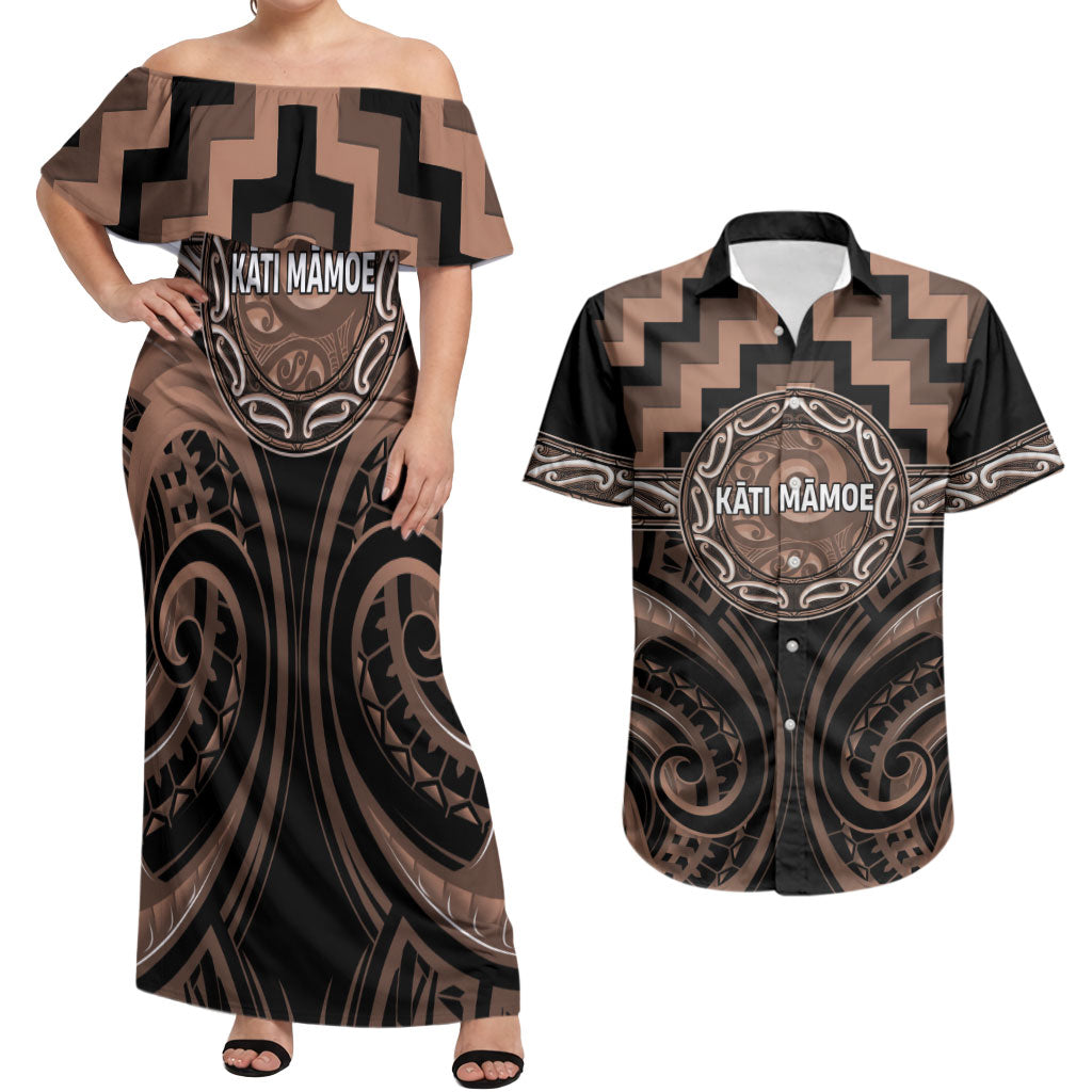 Aotearoa Kati Mamoe Personalised Couples Matching Off Shoulder Maxi Dress and Hawaiian Shirt Maori Iwi Poutama Puhoro Tattoo