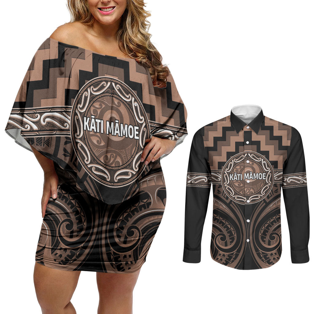 Aotearoa Kati Mamoe Personalised Couples Matching Off Shoulder Short Dress and Long Sleeve Button Shirt Maori Iwi Poutama Puhoro Tattoo