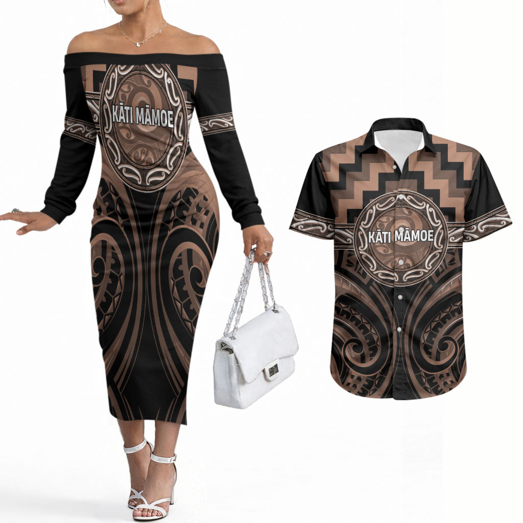 Aotearoa Kati Mamoe Personalised Couples Matching Off The Shoulder Long Sleeve Dress and Hawaiian Shirt Maori Iwi Poutama Puhoro Tattoo