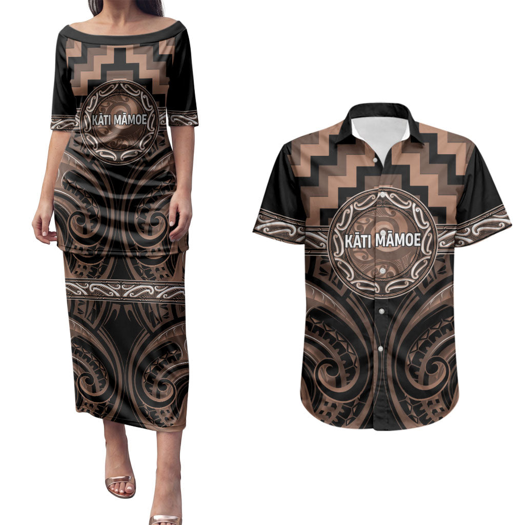 Aotearoa Kati Mamoe Personalised Couples Matching Puletasi and Hawaiian Shirt Maori Iwi Poutama Puhoro Tattoo