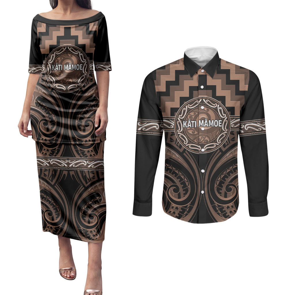 Aotearoa Kati Mamoe Personalised Couples Matching Puletasi and Long Sleeve Button Shirt Maori Iwi Poutama Puhoro Tattoo