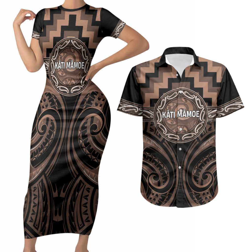 Aotearoa Kati Mamoe Personalised Couples Matching Short Sleeve Bodycon Dress and Hawaiian Shirt Maori Iwi Poutama Puhoro Tattoo