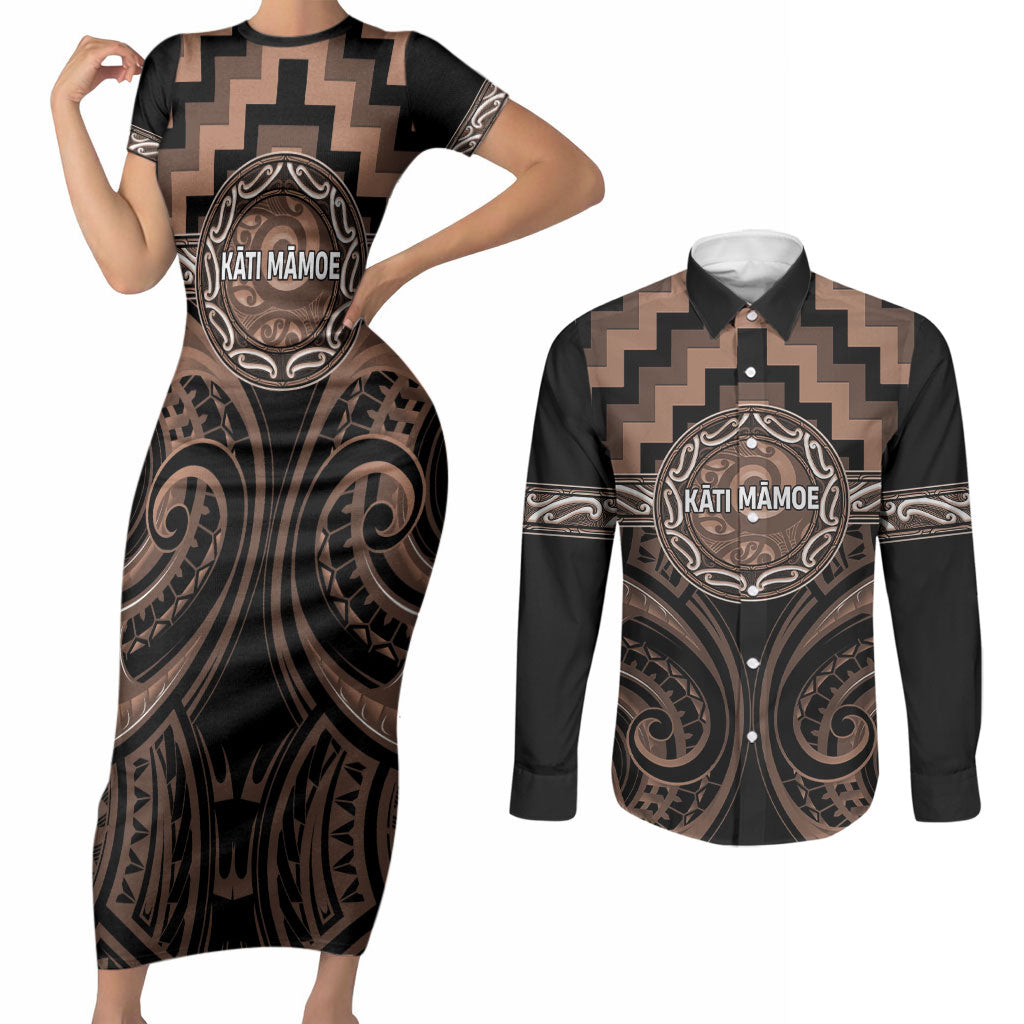 Aotearoa Kati Mamoe Personalised Couples Matching Short Sleeve Bodycon Dress and Long Sleeve Button Shirt Maori Iwi Poutama Puhoro Tattoo