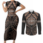Aotearoa Kati Mamoe Personalised Couples Matching Short Sleeve Bodycon Dress and Long Sleeve Button Shirt Maori Iwi Poutama Puhoro Tattoo