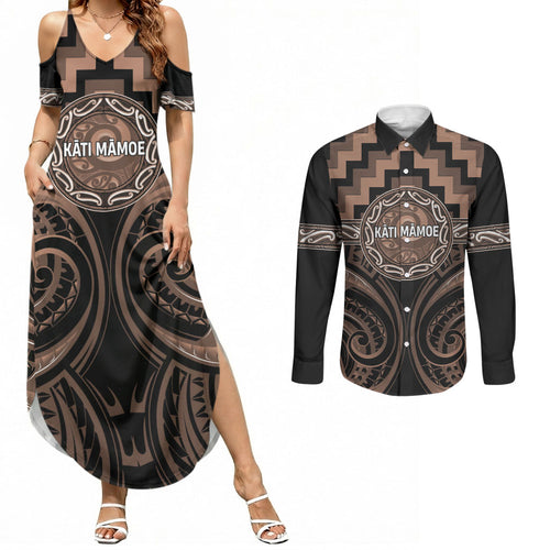 Aotearoa Kati Mamoe Personalised Couples Matching Summer Maxi Dress and Long Sleeve Button Shirt Maori Iwi Poutama Puhoro Tattoo