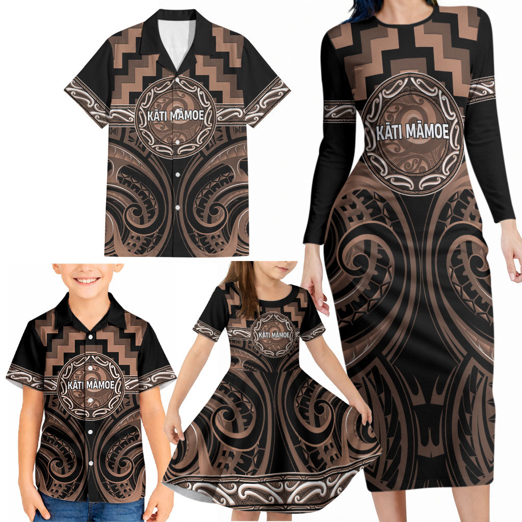 Aotearoa Kati Mamoe Personalised Family Matching Long Sleeve Bodycon Dress and Hawaiian Shirt Maori Iwi Poutama Puhoro Tattoo