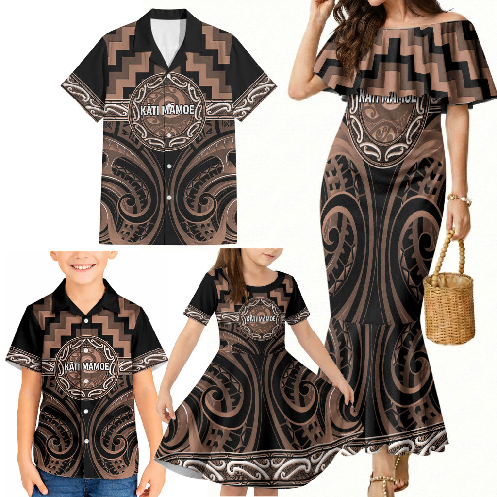 Aotearoa Kati Mamoe Personalised Family Matching Mermaid Dress and Hawaiian Shirt Maori Iwi Poutama Puhoro Tattoo