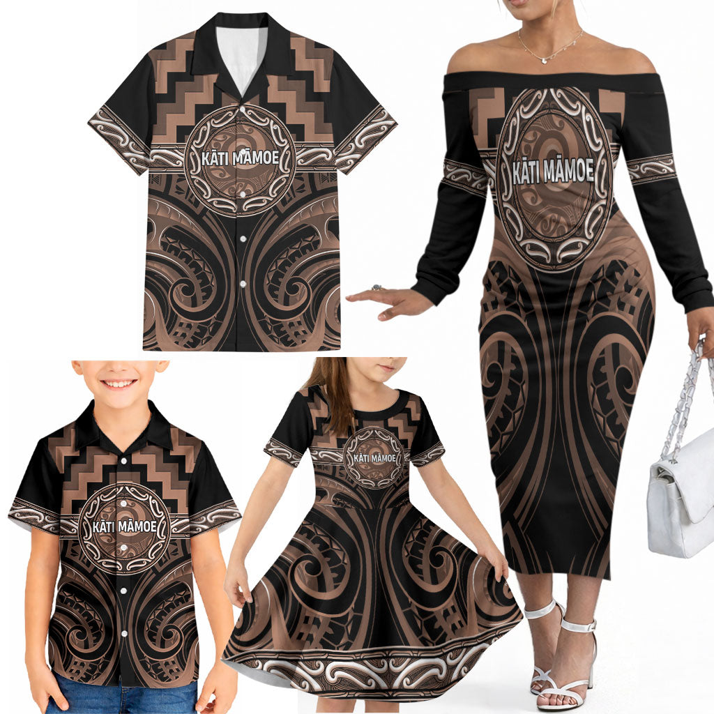 Aotearoa Kati Mamoe Personalised Family Matching Off The Shoulder Long Sleeve Dress and Hawaiian Shirt Maori Iwi Poutama Puhoro Tattoo