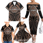 Aotearoa Kati Mamoe Personalised Family Matching Off The Shoulder Long Sleeve Dress and Hawaiian Shirt Maori Iwi Poutama Puhoro Tattoo