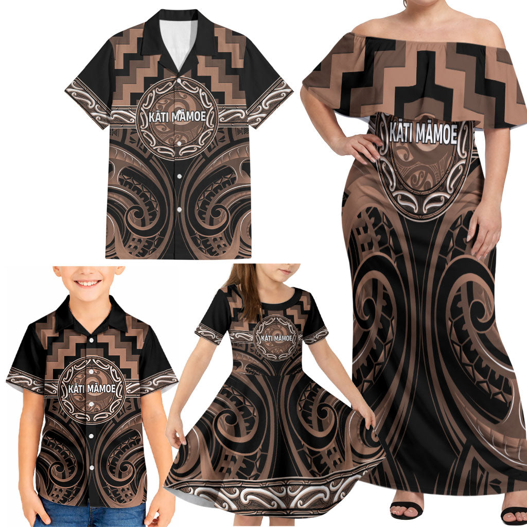 Aotearoa Kati Mamoe Personalised Family Matching Off Shoulder Maxi Dress and Hawaiian Shirt Maori Iwi Poutama Puhoro Tattoo