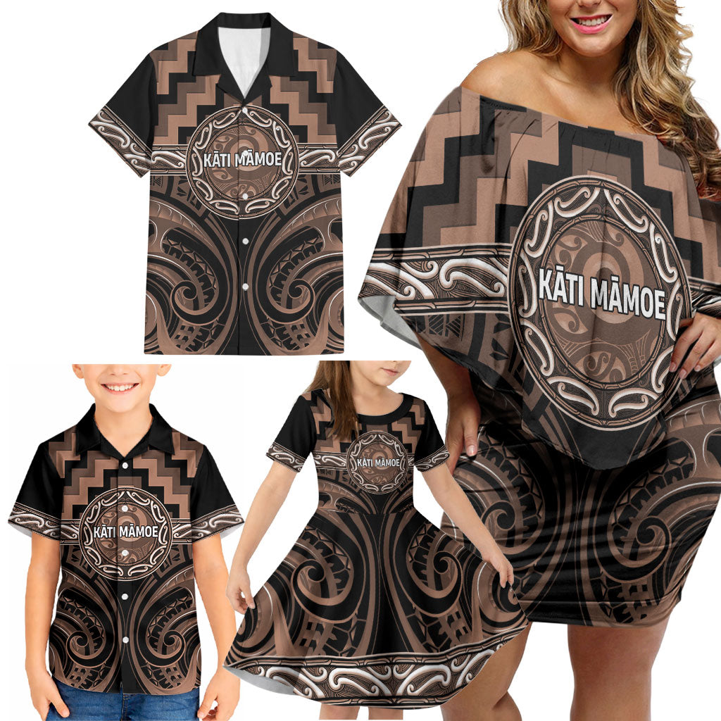 Aotearoa Kati Mamoe Personalised Family Matching Off Shoulder Short Dress and Hawaiian Shirt Maori Iwi Poutama Puhoro Tattoo