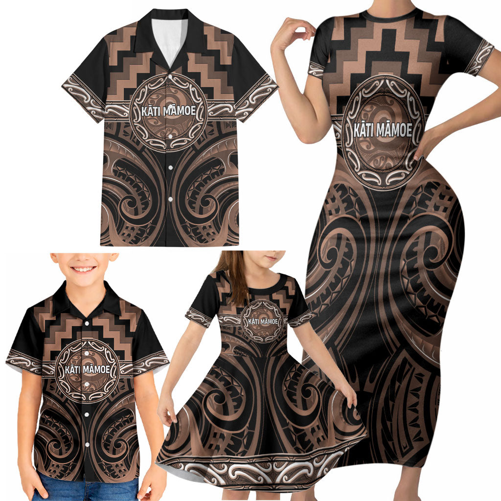 Aotearoa Kati Mamoe Personalised Family Matching Short Sleeve Bodycon Dress and Hawaiian Shirt Maori Iwi Poutama Puhoro Tattoo
